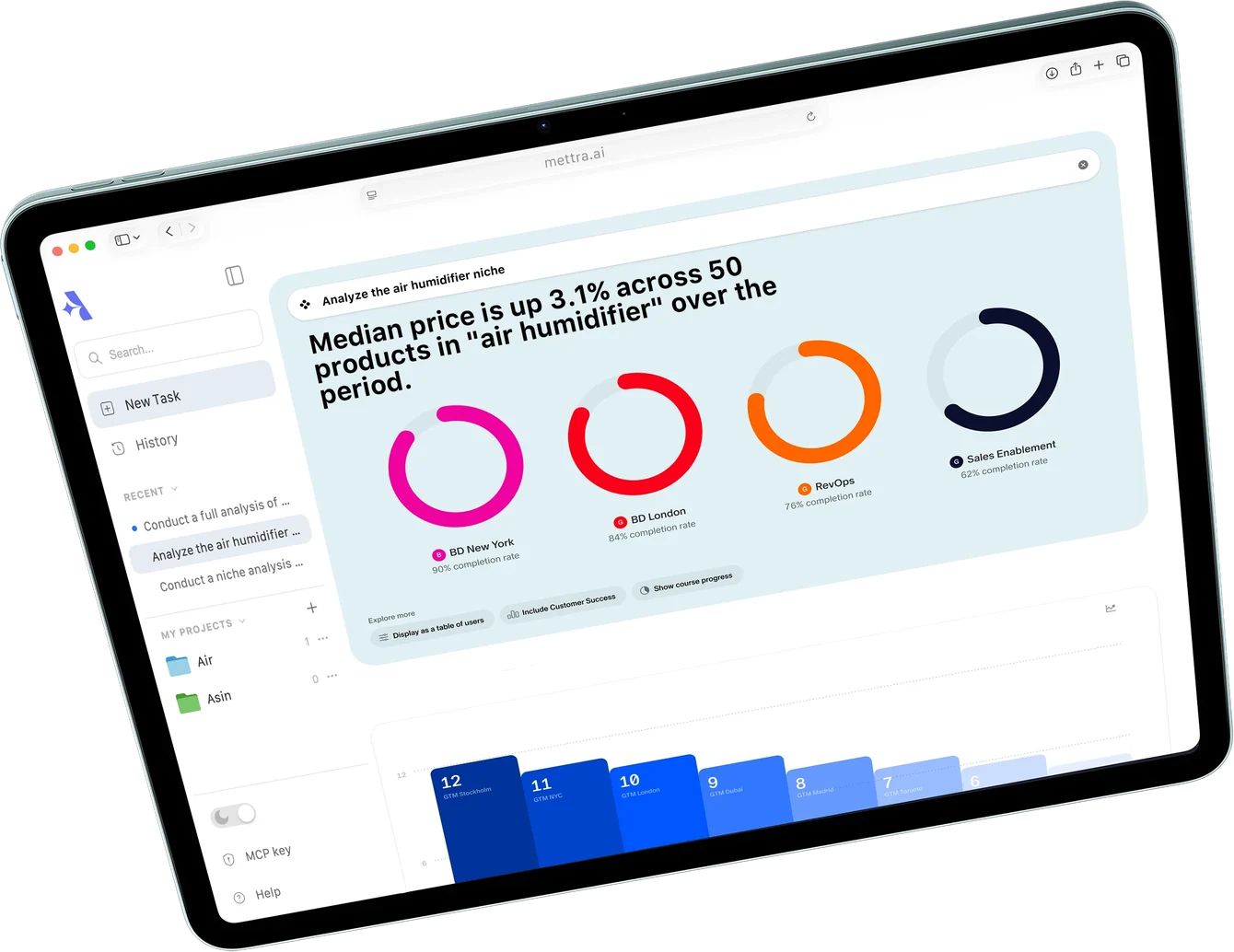 Mettra AI: market overview of air humidifiers on a tablet