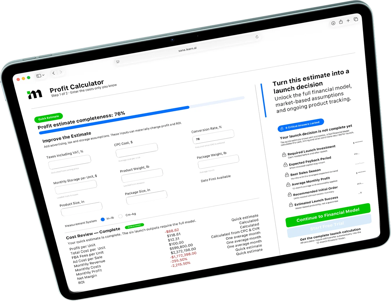 Mettra Profit Calculator: profit estimate on a tablet