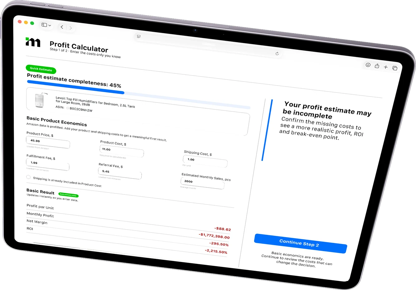 Mettra Profit Calculator: basic product economics and result