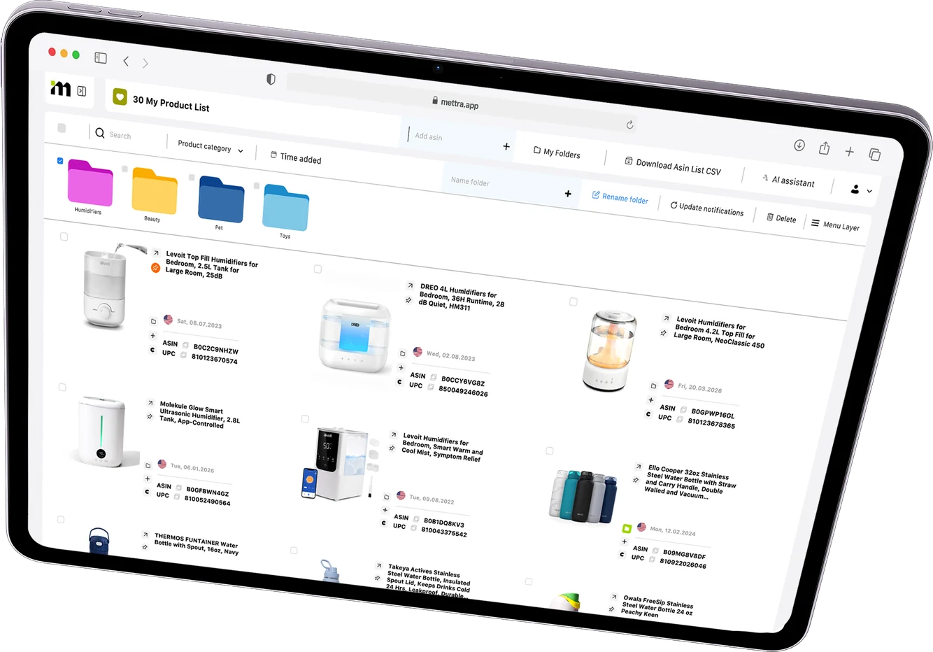 Mettra Favorites: folders and saved products on a tablet