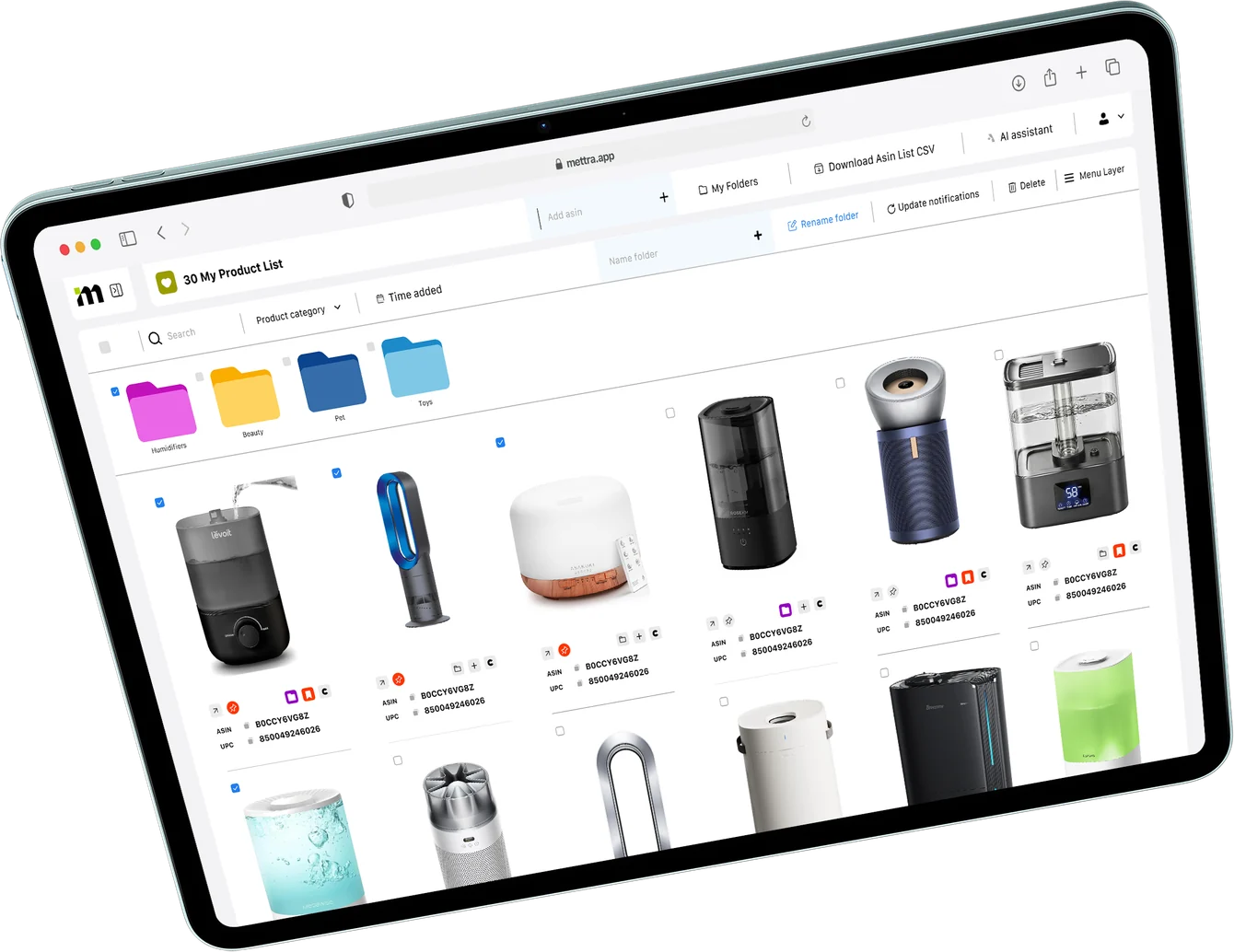 Mettra Favorites grid view with saved Amazon products
