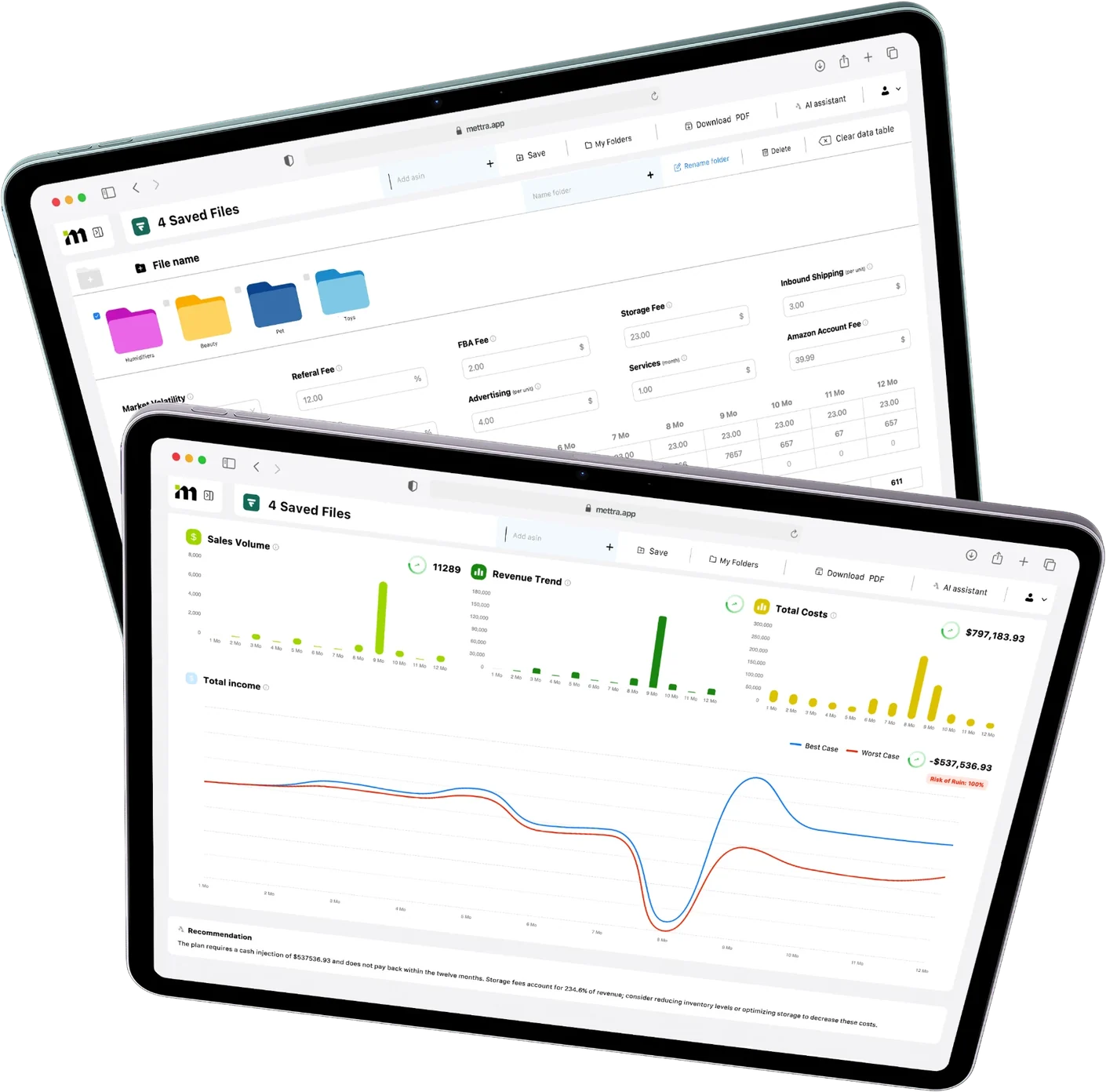 Mettra Financial Model: saved files with fees and a 12-month forecast on two tablets