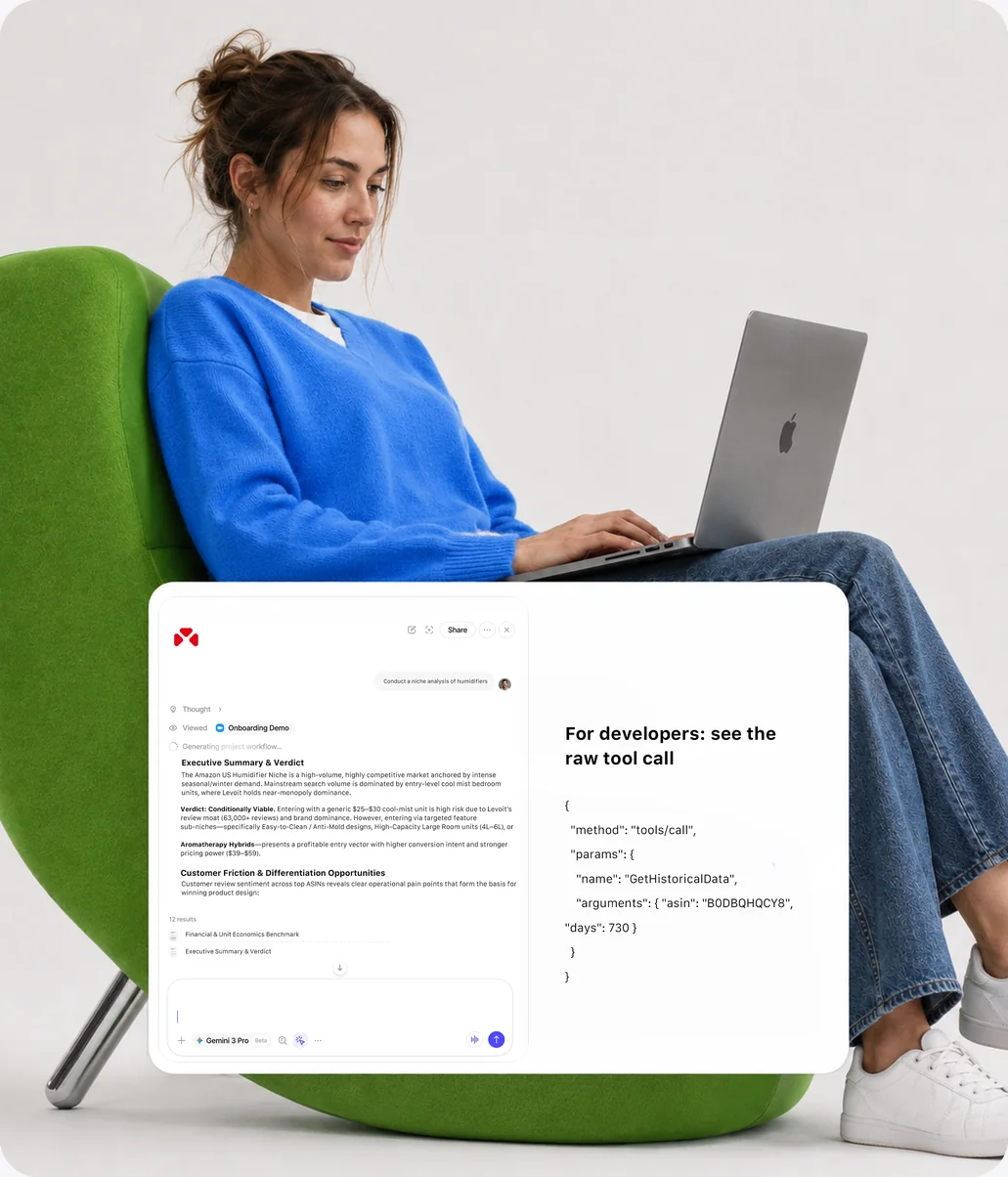 A seller asking her AI assistant about a niche; the assistant answers with a summary and shows the raw GetHistoricalData tool call