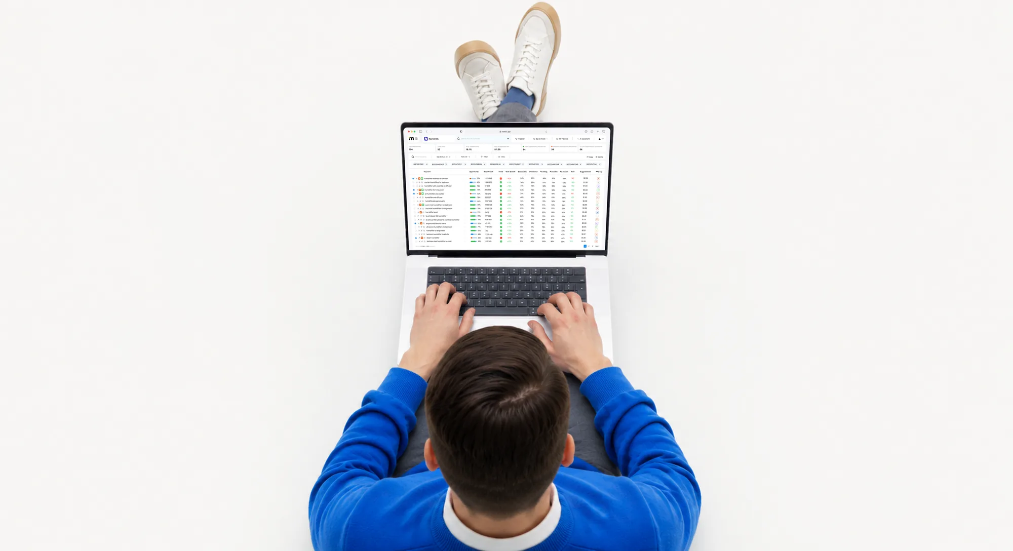 A seller at a laptop with the Mettra keyword table open