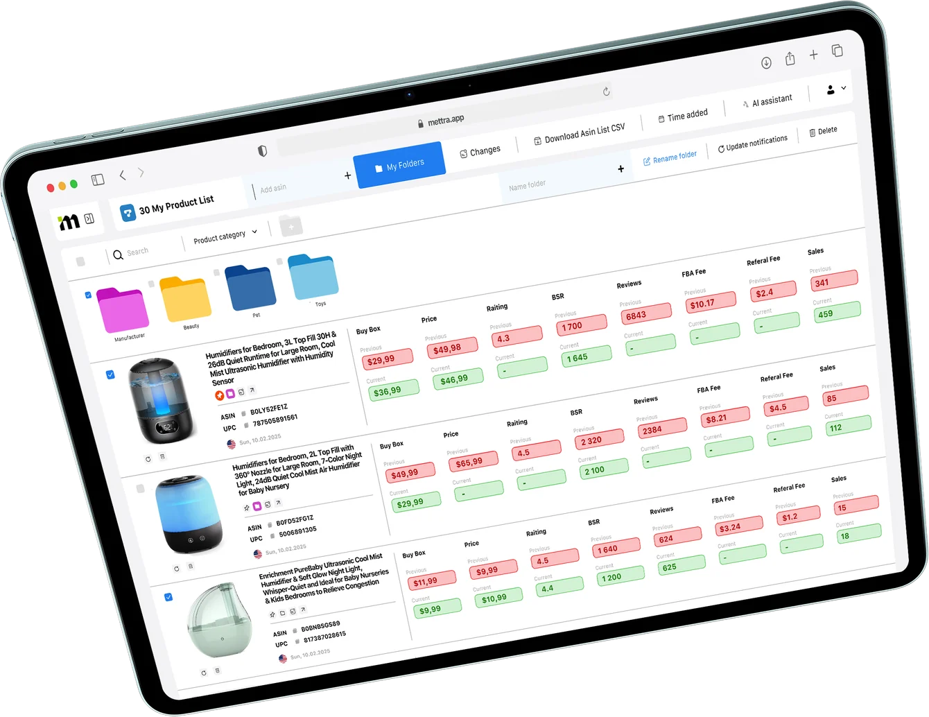Mettra Product Tracker: tracked products with sales, price and stock changes on a tablet
