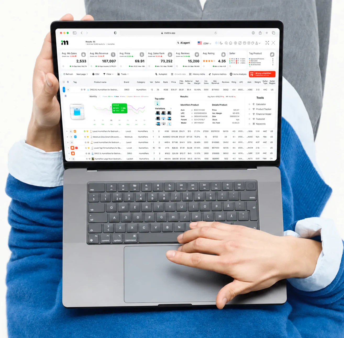 Mettra extension data above Amazon search results on a laptop